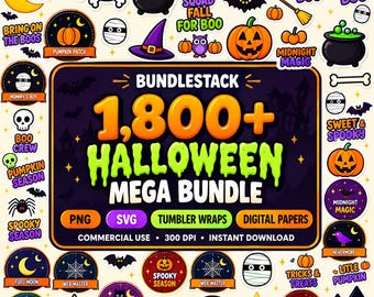 1 800+ Halloween Mega Bundle, Spooky Season PNG SVG digitala papper (direkt nedladdning)
