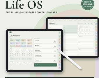 Life OS Undatierter Digitalplaner, Hyperlink-iPad-Tagebuch, Budget-Wellness-Tracker (Dunkelmodus)