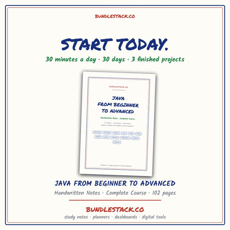 Może przedstawiać: Biały dokument zatytułowany JAVA FROM BEGINNER TO ADVANCED z podtytułem Handwritten Notes - Complete Course. Tekst zawiera 102 pages, 30 minutes a day, 30 days, 3 finished projects oraz branding BUNDLESTACK.CO na całym dokumencie.