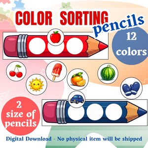 May include: A color sorting activity sheet featuring two large pencil illustrations in red and blue, each with three white circular spaces. Includes circular cutouts of a red apple, cherries, sun, popsicle, orange, watermelon, car, and blue mittens.