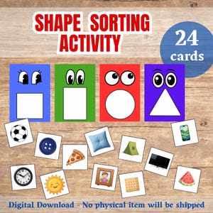 Può includere: Un set di attività di smistamento delle forme con 24 carte con rettangoli colorati in blu, verde, rosso e viola, ognuno con occhi da cartone animato e una sagoma bianca ritagliata. Sotto ci sono varie carte quadrate che mostrano illustrazioni di oggetti come un pallone da calcio, un bottone, una fetta di pizza, un cuscino, una tenda, uno smartphone, un orologio, un sole, una cornice, un cracker, un televisore e una fetta di anguria.