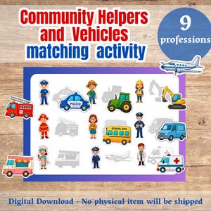 Peut inclure: Une fiche d'activité intitulée Community Helpers and Vehicles matching activity avec 9 professions. La feuille présente des illustrations colorées de divers professionnels et véhicules, notamment un camion de pompiers, une voiture de police, un tracteur, un bus scolaire, un camion postal, une ambulance et un camion de restauration.