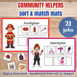 May include: Educational activity set titled COMMUNITY HELPERS sort & match mats featuring 21 jobs. Includes illustrated mats for a firefighter and hairstylist with corresponding icons for sorting, plus loose square cards showing tools.