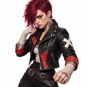 Puede incluir: Una chaqueta corta de cuero negro con detalles rojos en las solapas y puños, un emblema de cruz blanca en la manga izquierda y tachuelas de metal plateado. La chaqueta se lleva sobre una prenda superior clara con pantalones oscuros y un cinturón de cuero.