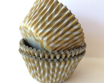 Silver & Gold Cupcake Cups - Gold Chevron cupcake liners (50) baking cups muffin cups greaseproof cupcake papers wrappers zigzag cake papers