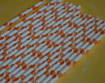 25 Orange Polka Dot paper drinking straws - with FREE blank Flags / Pendants. See also - "Personalized" flags option.
