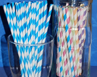 25 Blue and white barber striped paper drinking straws - with FREE blank Flags / Pendants. See also - "Personalized" flags option.