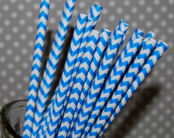 paper straws Blue Chevron Straws 25 paper straws & Flags - chevron stripe drinking straws - zig zag cake pop sticks vintage party straws