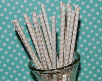 Paper Straws Ivory Cream Chevron Straws 100 paper straws & Flags- Vanilla Beige drinking straws zig zag cake pop sticks vintage party straws