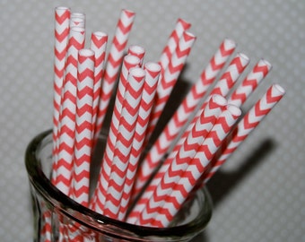 Chevron Straws - Coral 25 paper straws & Flags - Coral chevron  stripe drinking straws - cake pop sticks vintage party straws