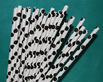 25 Black and White Polka Dot  paper drinking straws - with FREE blank Flags / Pendants. See also - "Personalized" flags option.