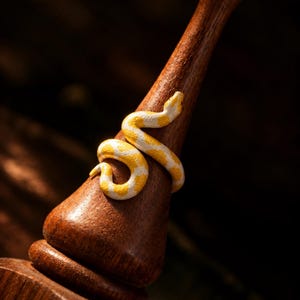 May include: A ring shaped like a coiled snake with a white and yellow patterned body. The snake ring is wrapped around a dark brown wooden display stand that tapers to a point at the top, showcasing the detailed texture of the serpent design.