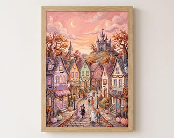 Halloween Village Wall Art, Cozy Spooky Town Print, Pink Pastel Fall Printable Decor