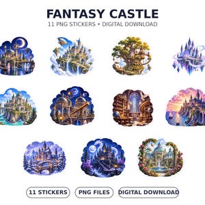 以下が含まれることがあります： FANTASY CASTLEと題された11種類のデジタルPNGステッカーコレクション。浮遊する建造物、ツリーハウス、図書館、雪景色、庭園など、鮮やかな色彩と複雑なデザインで描かれた様々な城の詳細なイラストが含まれています。