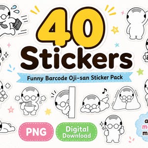 以下が含まれることがあります： メガネをかけたハゲ頭のキャラクターの様々なポーズのイラスト40種類を含むデジタルステッカーパック。テキストには「40 Stickers」、「Funny Barcode Oji-san Sticker Pack」、「PNG」、「Digital Download」、「and many more」と書かれており、小さなカラフルな星が散りばめられています。