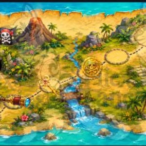 Könnte beinhalten: Eine Schatzkartenillustration auf gealtertem Pergament mit einer tropischen Insel, einem Vulkan, einer Höhle, einer Piratenflagge, einem Kompass, einem Fernrohr, einem Wasserfall und einer Goldmünze mit Totenkopf, umgeben von blauem Meer.