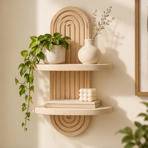 May include: A light-colored wooden wall shelf featuring two rounded tiers and a vertical arched back panel with grooved detailing. The top shelf holds a speckled ceramic pot with a trailing green plant and a small vase with dried stems.