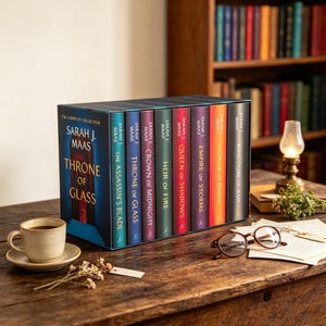 May include: A boxed book set titled The Complete Collection by Sarah J. Maas, featuring eight individual volumes including Throne of Glass, The Assassin's Blade, Crown of Midnight, Heir of Fire, Queen of Shadows, Empire of Storms, Tower of Dawn, and Kingdom of Ash.