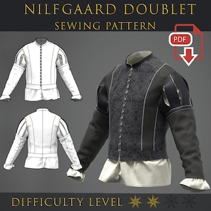 May include: A Nilfgaard Doublet sewing pattern PDF featuring a black doublet with a dark floral pattern, long sleeves, and a white undershirt. The image includes front and back line drawings of the garment and a two-star difficulty rating.
