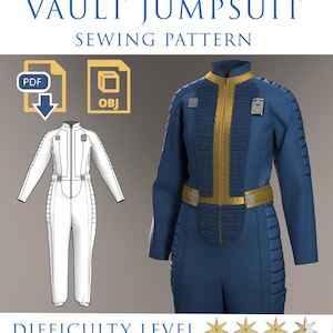 May include: A Vault Jumpsuit sewing pattern featuring a blue and gold jumpsuit with a front zipper, textured panels, and a belt. The image includes a white line drawing of the jumpsuit, PDF and OBJ file icons, and a four-star difficulty rating.