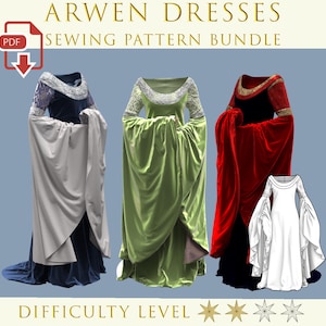 May include: A digital sewing pattern bundle titled ARWEN DRESSES SEWING PATTERN BUNDLE featuring three floor-length gowns with wide sleeves and silver or gold trim, plus a black and white line drawing of the dress design.