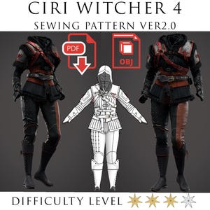 May include: A digital sewing pattern for a Ciri Witcher 4 costume, version 2.0. The image displays a 3D rendered outfit in black and red with fur trim, a white line-art technical drawing of the garment, and PDF and OBJ file icons.