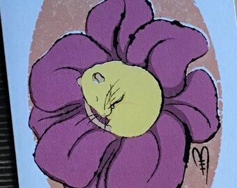 Sleeping Flower Rat Greetings Card, Digital Risograph style, A6, FSC card