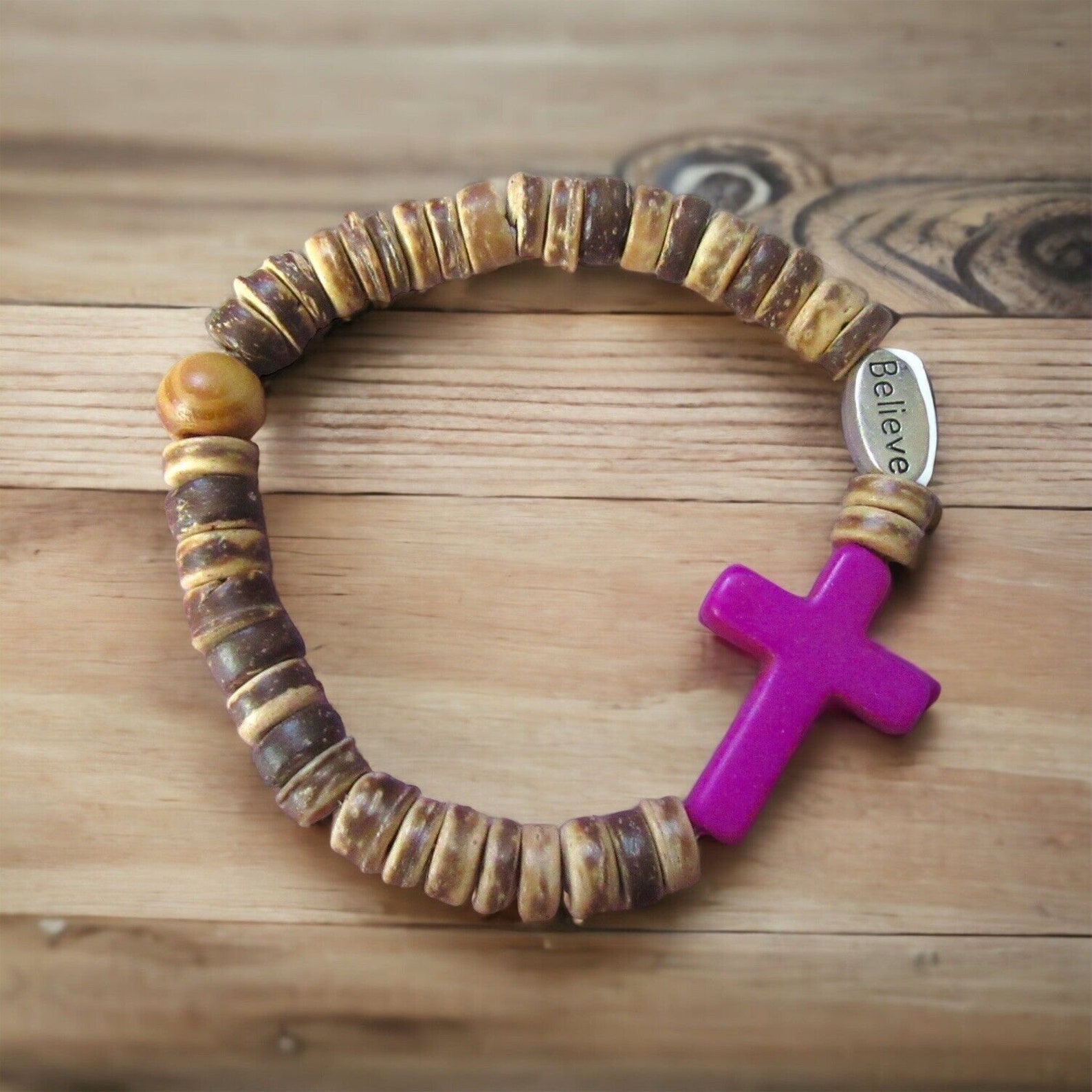 Majestic Purple Howlite Cross With Believe Bead and Boho Wood Beads - Etsy