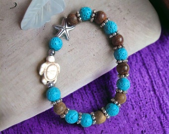 Sea Turtle Stretch Bracelet with Aqua Lava Beads and Starfish Bead