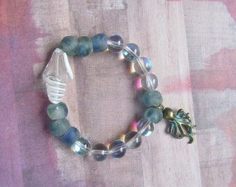 Recycled Glass Beaded Bracelet with Octopus Charm and Shell