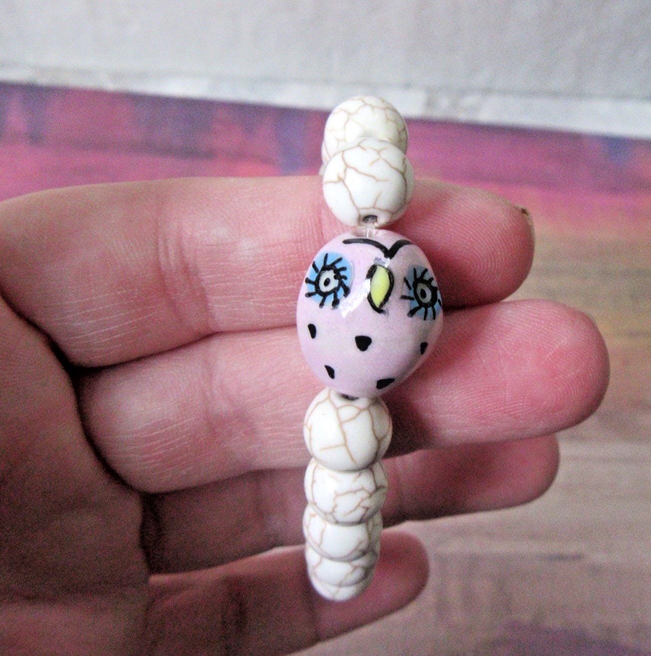 Pink Owl Stretch Bracelet with Beige Howlite Beads & Rose Quartz Accent Bead