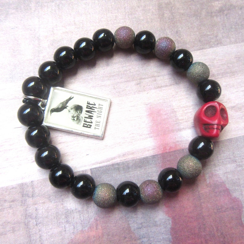 Red Skull Stretch Bracelet with Crow & Skull 'Beware the Night' Charm 