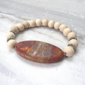 Large Stone Stretch Bracelet with Light Natural Wood Beads