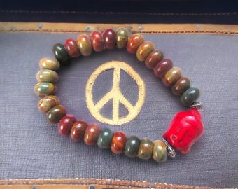 Empowering Red Buddha Stretch Bracelet with Natural Colored Beads