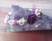 Beige Skull Stretch Bracelet with Large Purple Rose