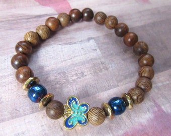 Magical Butterfly Stretch Bracelet with Boho Wood Beads