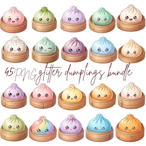 May include: A digital collection of 45 dumpling illustrations, each featuring a cute character face with large eyes and a small mouth, presented in a wooden steamer basket. The dumplings come in various colours including pink, green, purple, blue, and yellow.