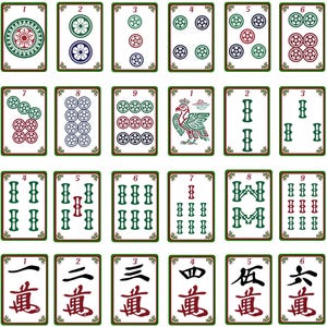 以下が含まれることがあります： 4列に並べられた24枚の麻雀牌のセット。各牌には数字、円形の模様、竹のようなシンボル、鳥のイラストが描かれており、緑色の枠と小さな赤い花のアクセントで装飾されています。