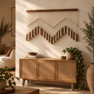 Può includere: Un arazzo da parete con corda in macramè color crema sospeso a una barra di legno orizzontale. Il design include motivi a nodi e una serie di nappe pendenti in tonalità alternate crema e marrone disposte a forma di chevron.
