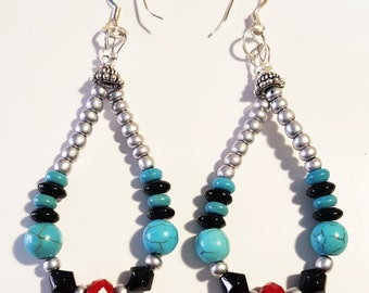 Fossil Turquoise, Jet Black and Ruby Red Beaded Wire Hoop Earrings