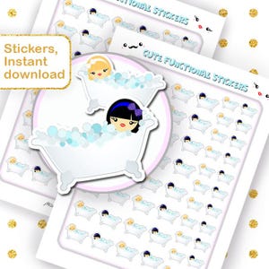 Bath Time Planner Stickers Printable, Cute Self Care Stickers Sheet, Kawaii Bubble Bath Girl Icons, Functional Digital Bubble Bath Tracker