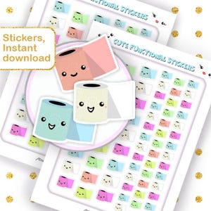 May include: A collection of digital sticker sheets featuring rows of small, colorful toilet paper rolls with smiling faces. The text "CUTE FUNCTIONAL STICKERS" and "Stickers, Instant download" is visible on the white sheets with gold dots.