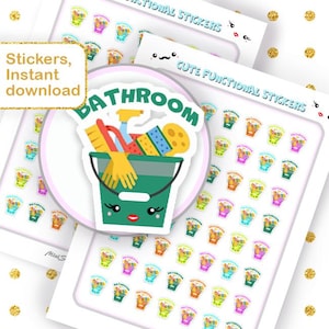 May include: A digital sheet of functional stickers featuring a cartoon bucket filled with cleaning supplies, including a brush, sponge, and yellow gloves. The bucket has a face with eyes and red lips, and the text BATHROOM is printed above.