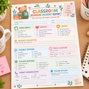 May include: A Classroom Behavior Incident Report form featuring a teddy bear illustration, sections for student details, work habits, respect, safety, incident description, triggers, time, location, teacher response, parent communication, and follow-up plan.