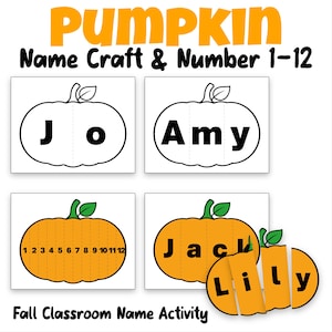 May include: A printable educational activity set titled Pumpkin Name Craft & Number 1-12. It features black and white pumpkin outlines for names Jo and Amy, an orange pumpkin with numbers 1-12, and orange pumpkin cutouts for names Jack and Lily.