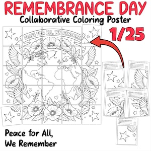 May include: A Remembrance Day collaborative coloring poster featuring a globe, doves, and poppies with the text "PEACE FOR ALL, WE REMEMBER". The grid layout shows 25 individual sheets, with a red arrow pointing to one section.