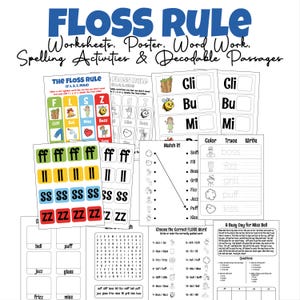 Könnte beinhalten: Eine Sammlung von Arbeitsblättern und Postern mit dem Titel FLOSS RULE, die Rechtschreibübungen, lesbare Texte und Wortarbeit enthalten. Die Seiten bieten farbenfrohe Grafiken, Zuordnungsaufgaben, Nachspurübungen und Wortsuchrätsel für den Unterricht.