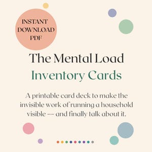 May include: A digital graphic featuring the text INSTANT DOWNLOAD PDF inside a peach circle. Below, the title reads The Mental Load Inventory Cards, followed by the text A printable card deck to make the invisible work of running a household visible — and finally talk about it. The background is cream with scattered colourful circles.