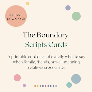 Può includere: Una grafica digitale che presenta il testo The Boundary Scripts Cards e la frase A printable card deck of exactly what to say when family, friends, or well-meaning relatives cross a line, con un cerchio color pesca e puntini colorati.