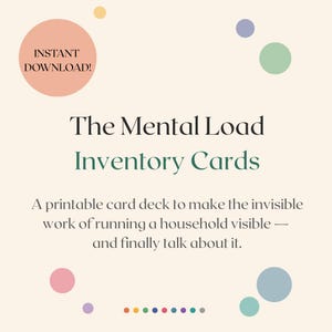 Peut inclure: Un graphique numérique présentant le texte 'INSTANT DOWNLOAD!' dans un cercle pêche, suivi du titre 'The Mental Load Inventory Cards' et du sous-titre 'A printable card deck to make the invisible work of running a household visible — and finally talk about it.' Le fond est crème avec des cercles colorés dispersés.